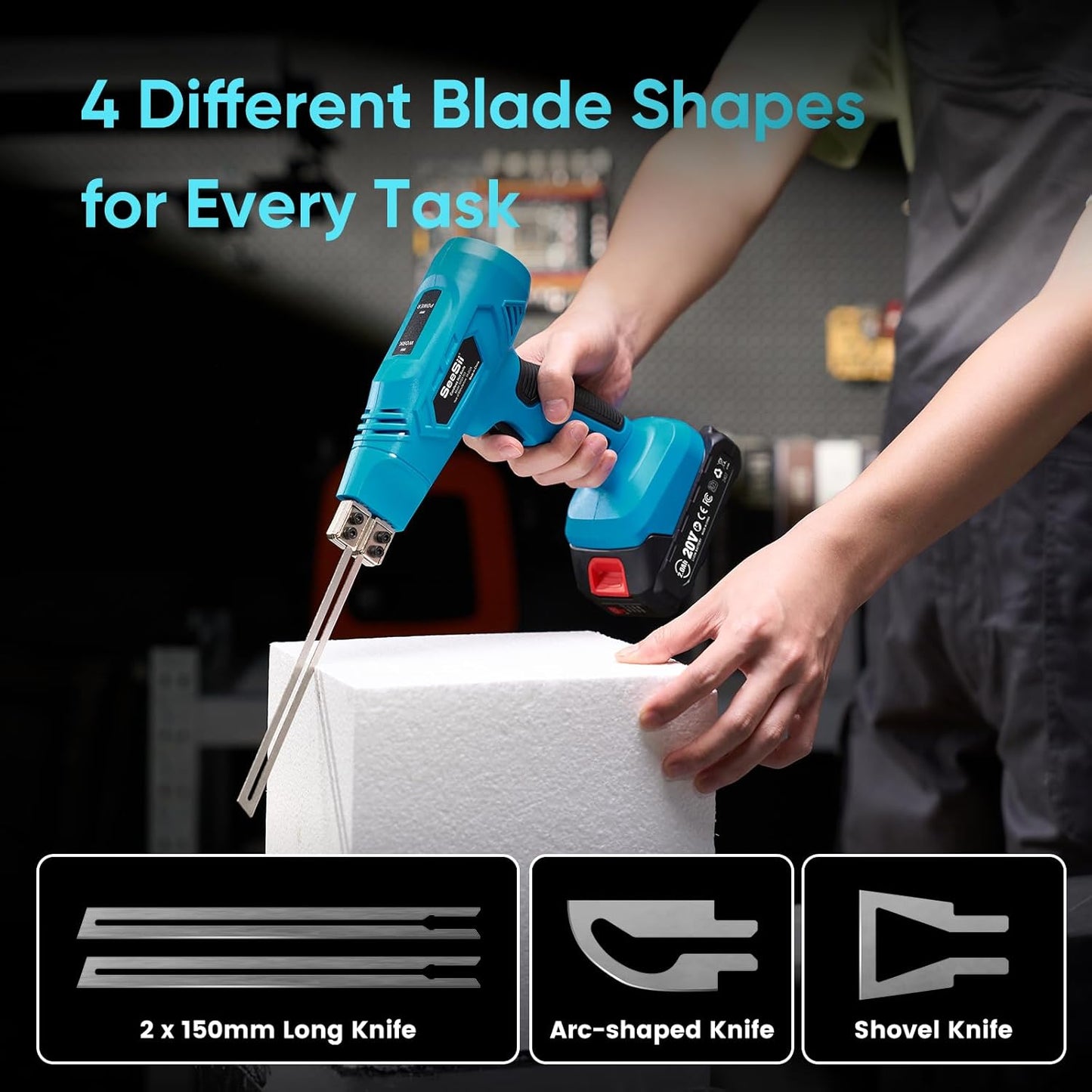 SEESII Cordless Foam Cutter: Electric Hot Knife Kit with 2×2000mAh Batteries,120W Power (Max 842°F) Air-Cooled Styrofoam Cutting Tool with 4 Blades for Rope,Fabric,EPP,EPS, XPS,EPE,PU,KT Board