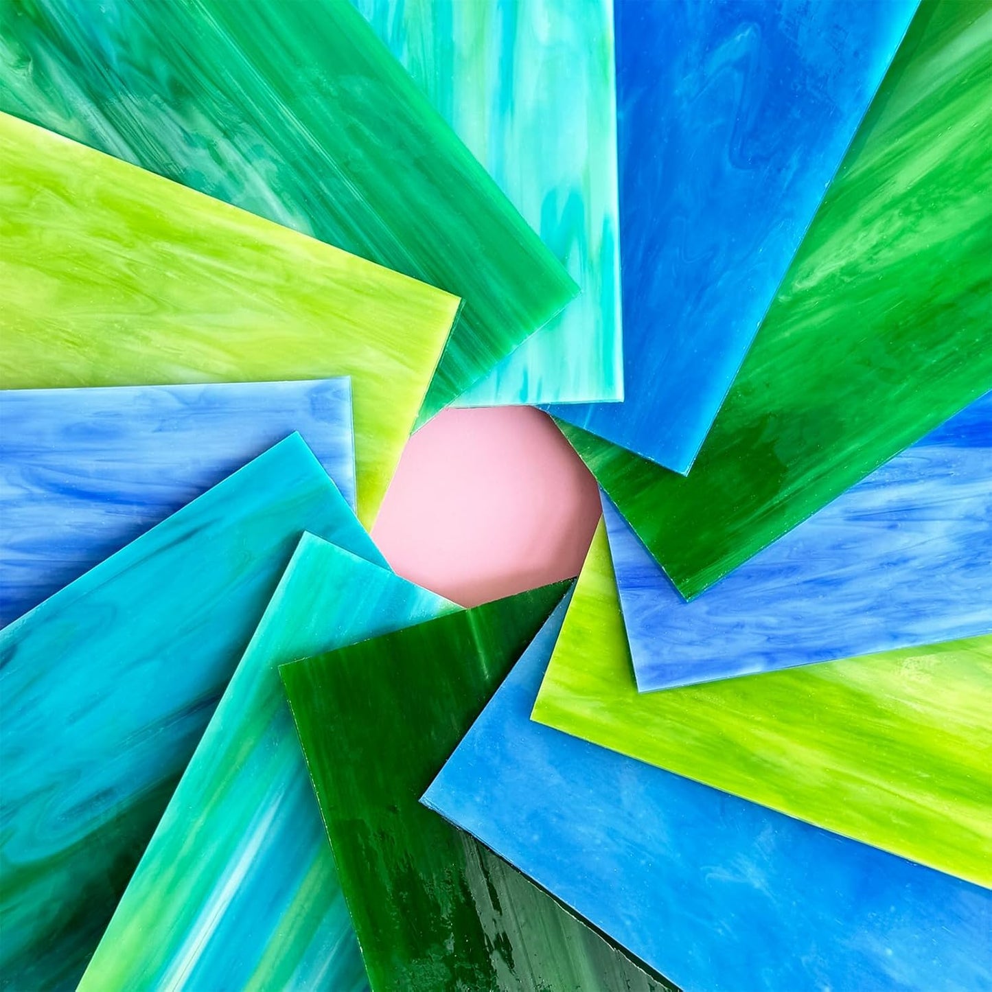 ILLUCKAI 12 Sheets Blue+Green Stained Glass Sheets Variety Pack, 6 x 4 inch Stained Glass Kit Supplies for Mosaic Glass Projects