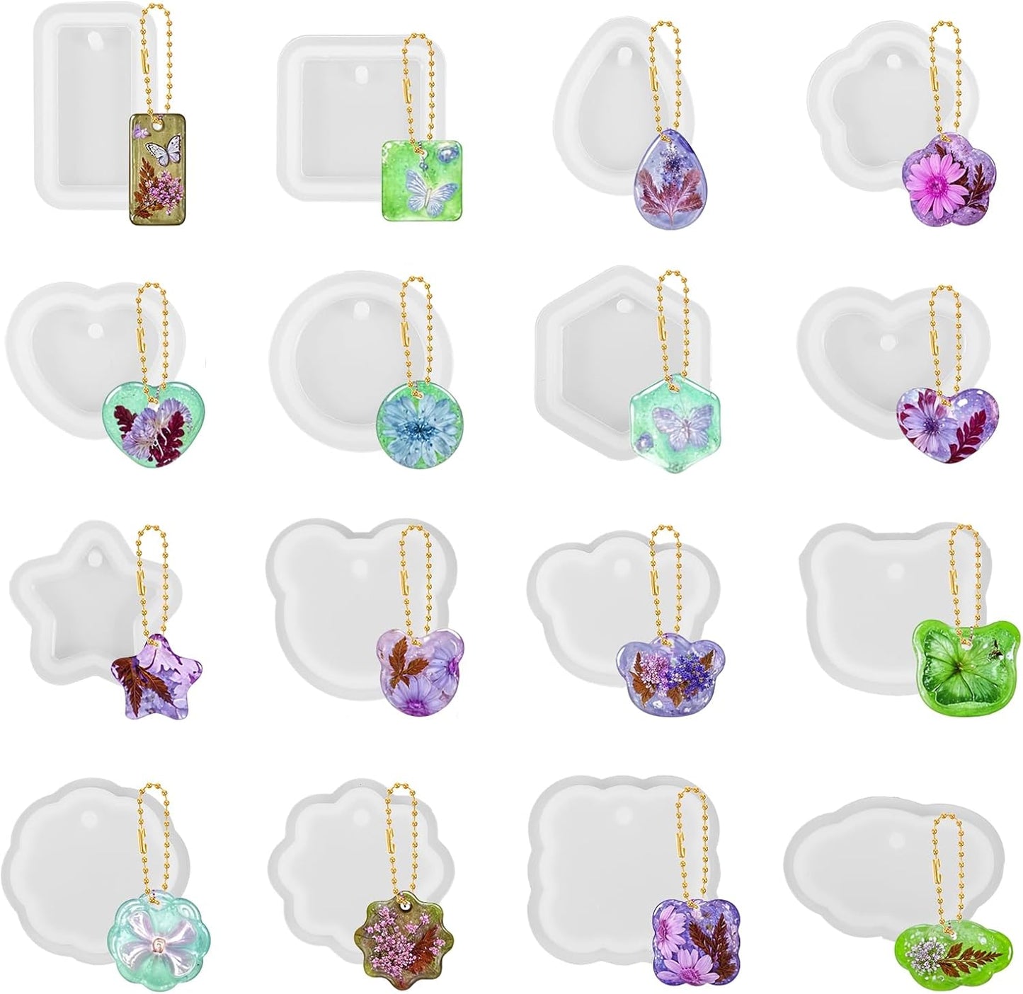 16Pcs Keychain Resin Molds Silicone with Hole, Jewelry UV Resin Keychain Molds, Epoxy Resins Mold for Keychains Pendant Jewelry Making