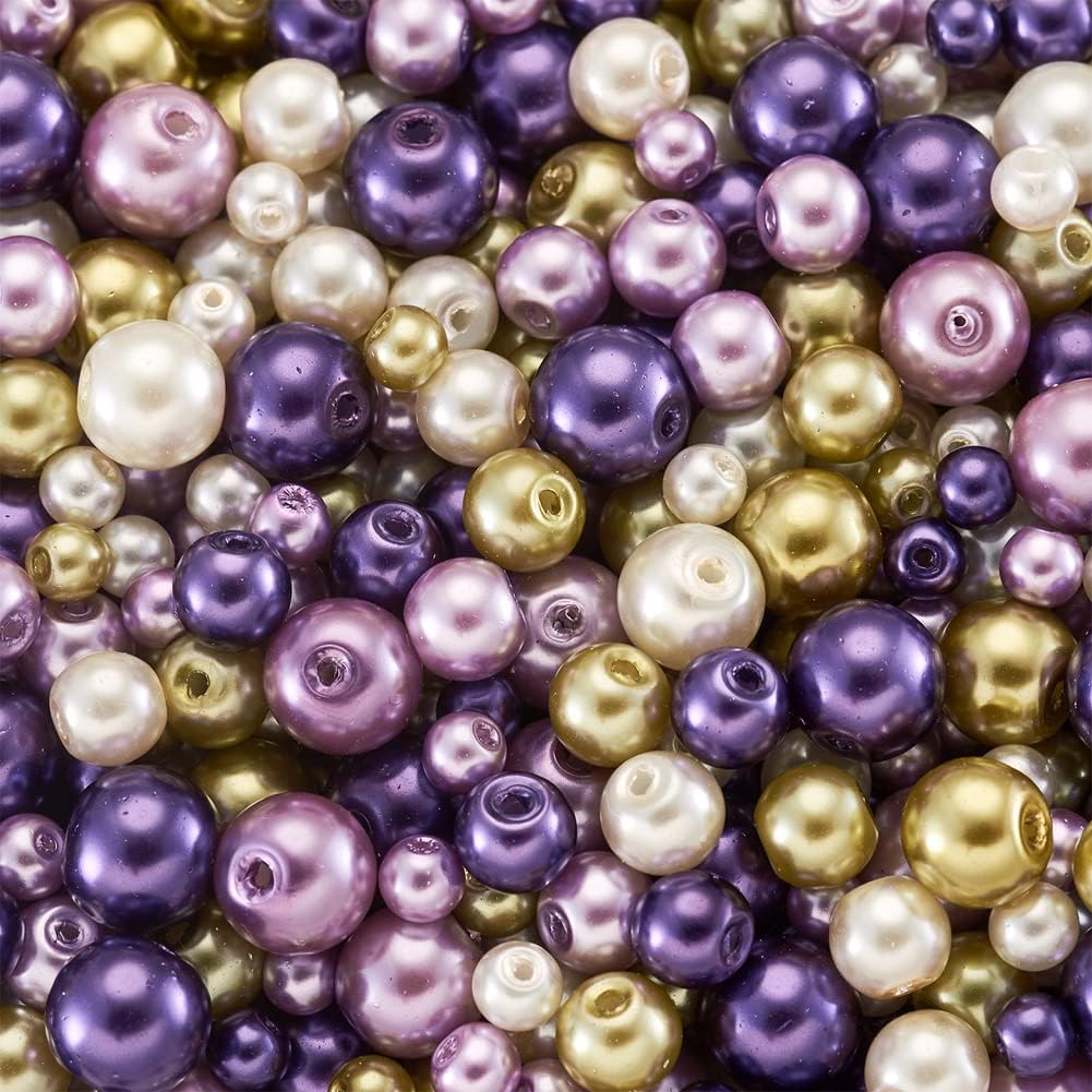 About 1840Pcs 4/6/8mm Glass Pearl Beads Pearlized Beads Multi Colors Round Spacer Beads for DIY Craft Jewelry Making Hole: 1mm, Mixed Purple&Light Yellow