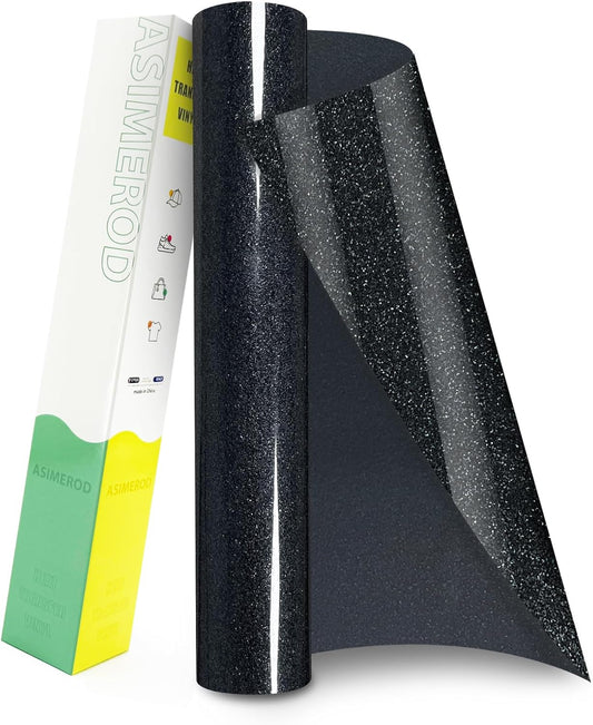 Glitter HTV Heat Transfer Vinyl Rolls- 12" x 10ft. Glitter Iron on Vinyl for DIY T-Shirts, Glitter for All Cutters, Heat Transfer Vinyl (Black)