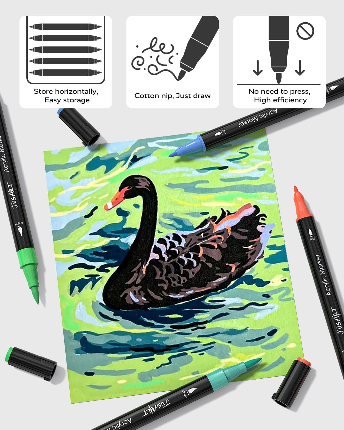 JusArt 60 Colors Dual Tip Acrylic Paint Pens Markers, Brush and Fine Tip, Premium Paint Pens for Wood, Canvas, Egg, Stone, Fabric, Rocks, Metal, Glass, Ceramic, DIY Crafts Making Art Supplies Gifts