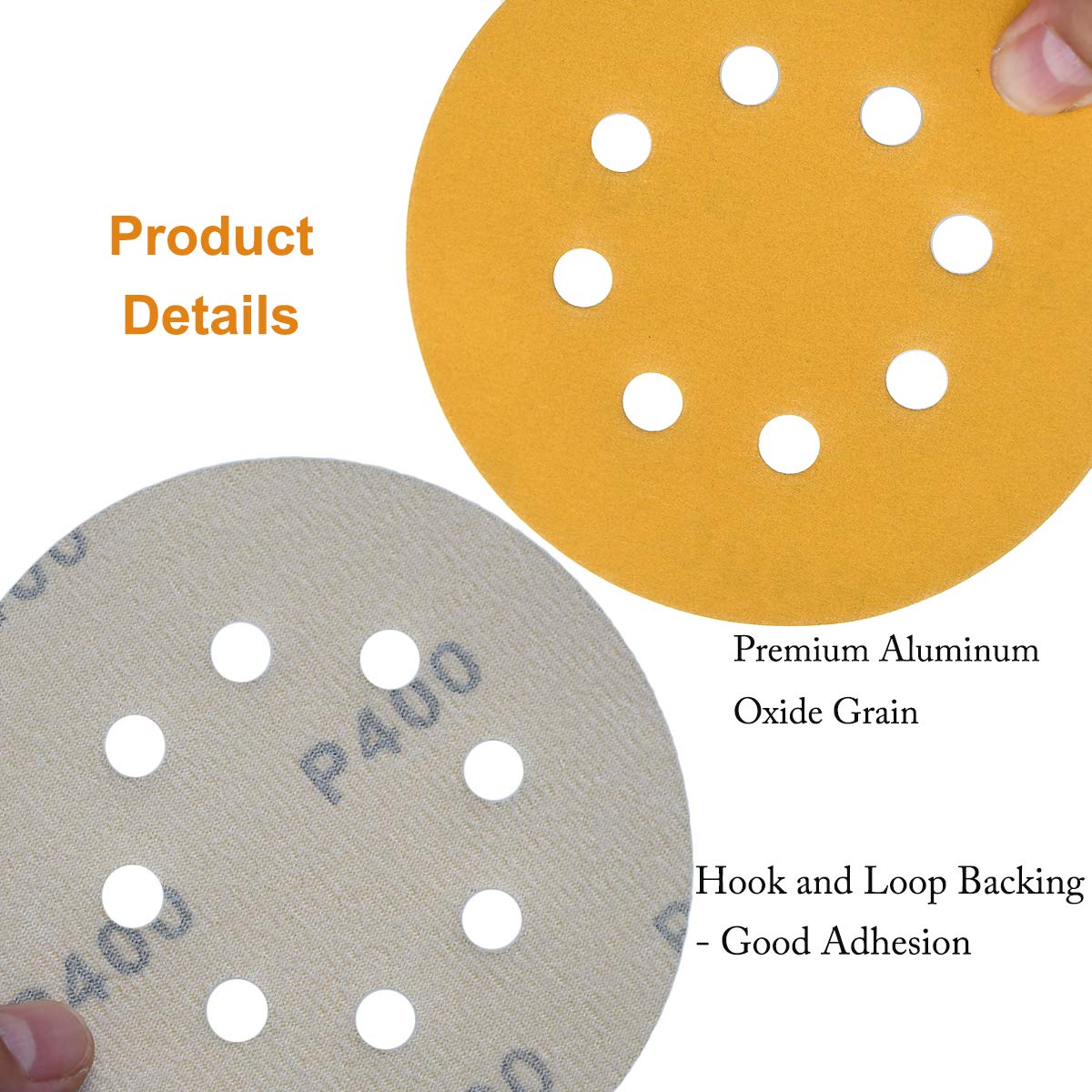 5-Inch 8-Hole Hook and Loop Sanding Discs 400-Grit Random Orbit Sandpaper, 50-Pack