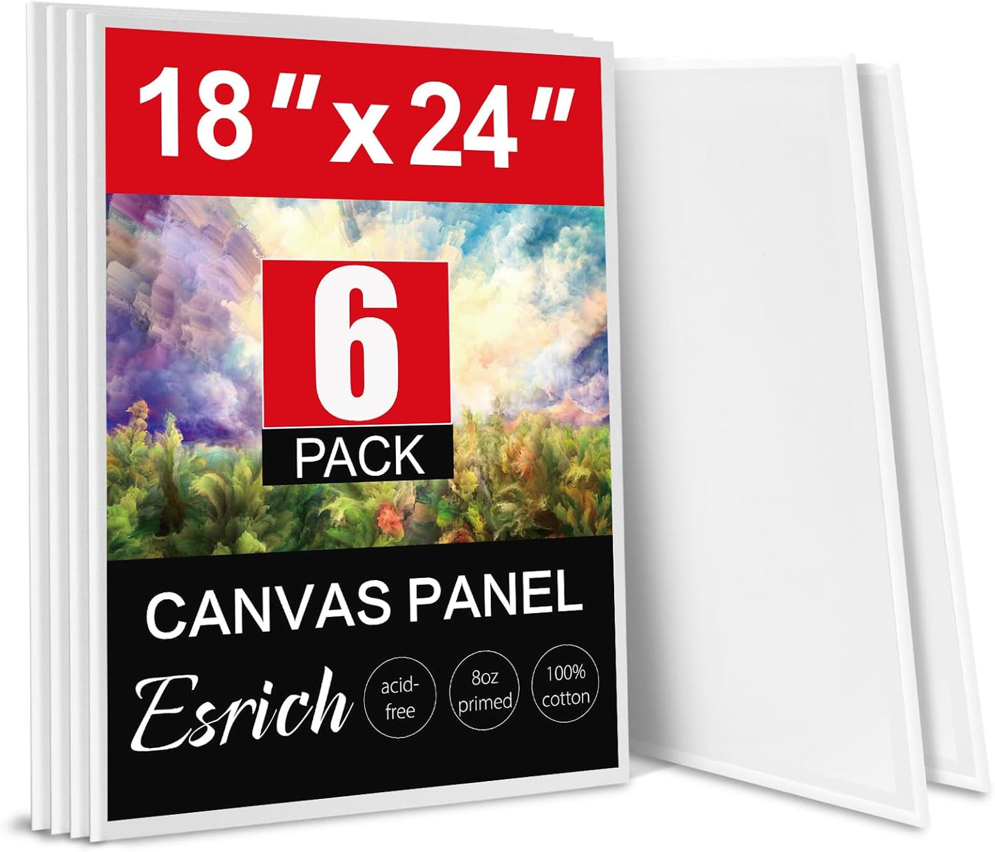 ESRICH Canvas for Painting 18x24 Inch, 6 Pack Canvas Boards for Painting Cotton Primed Acid Free Large Blank Canvases, Canvas Panels for Oil Paint, Watercolor, Acrylic Paint, Gouache and Tempera.