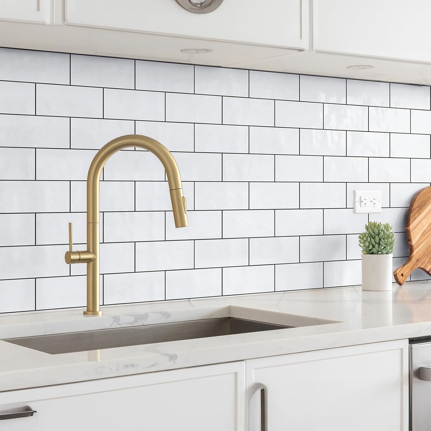 4 Pieces Peel and Stick Backsplash for Kitchen, 3" x 6" PVC Subway Tile 2025 Upgraded Glossy White with Dark Gray Grout Backsplash Stick on Tile Elevate Kitchen, Bathroom, Fireplace,RV