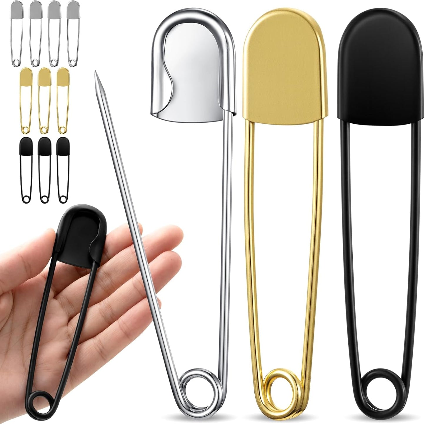 Juexica 10 Pcs 5 Inch Jumbo Stainless Steel Safety Pins Large Heavy Duty Huge Strong Laundry Pins for Upholstery Sewing Quilting Key Rings Craft Outdoor (Black,Silver,Gold)