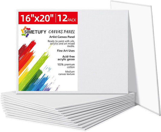 Simetufy 12 Pack 16x20 Inch Flat Canvas Panels Large Painting Canvas Boards - 8 Oz Triple Primed 100% Cotton Acid Free White Blank for Acrylic, Oil Paints