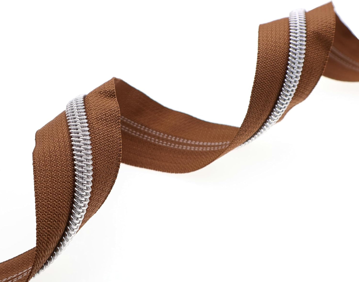 Leekayer #5 Silver Metallic Nylon Coil Zippers by The Yard Bulk 10 Yards Brown Zipper Tape with 25pcs Silver Ring Pull Sliders for DIY Sewing Tailor Craft Bag(Brown)