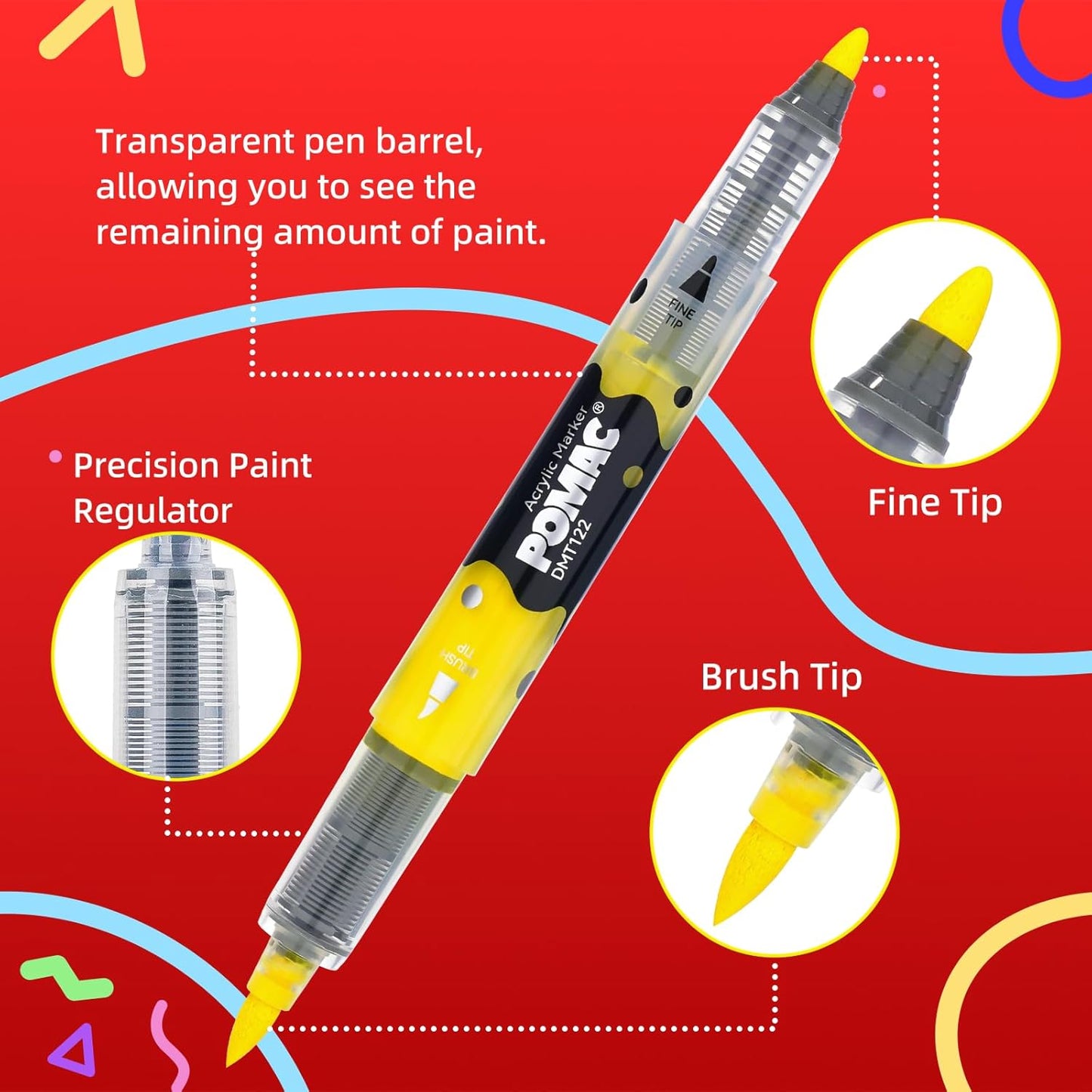 POMAC Dual Tip Acrylic Paint Markers Pens 12 Assorted Colors, Direct Liquid Acrylic Marker with Brush & Fine Tip, Water-Based Paint Marker for Fabric, Canvas, Rock, Glass, Wood, Crafts, Art Supplies