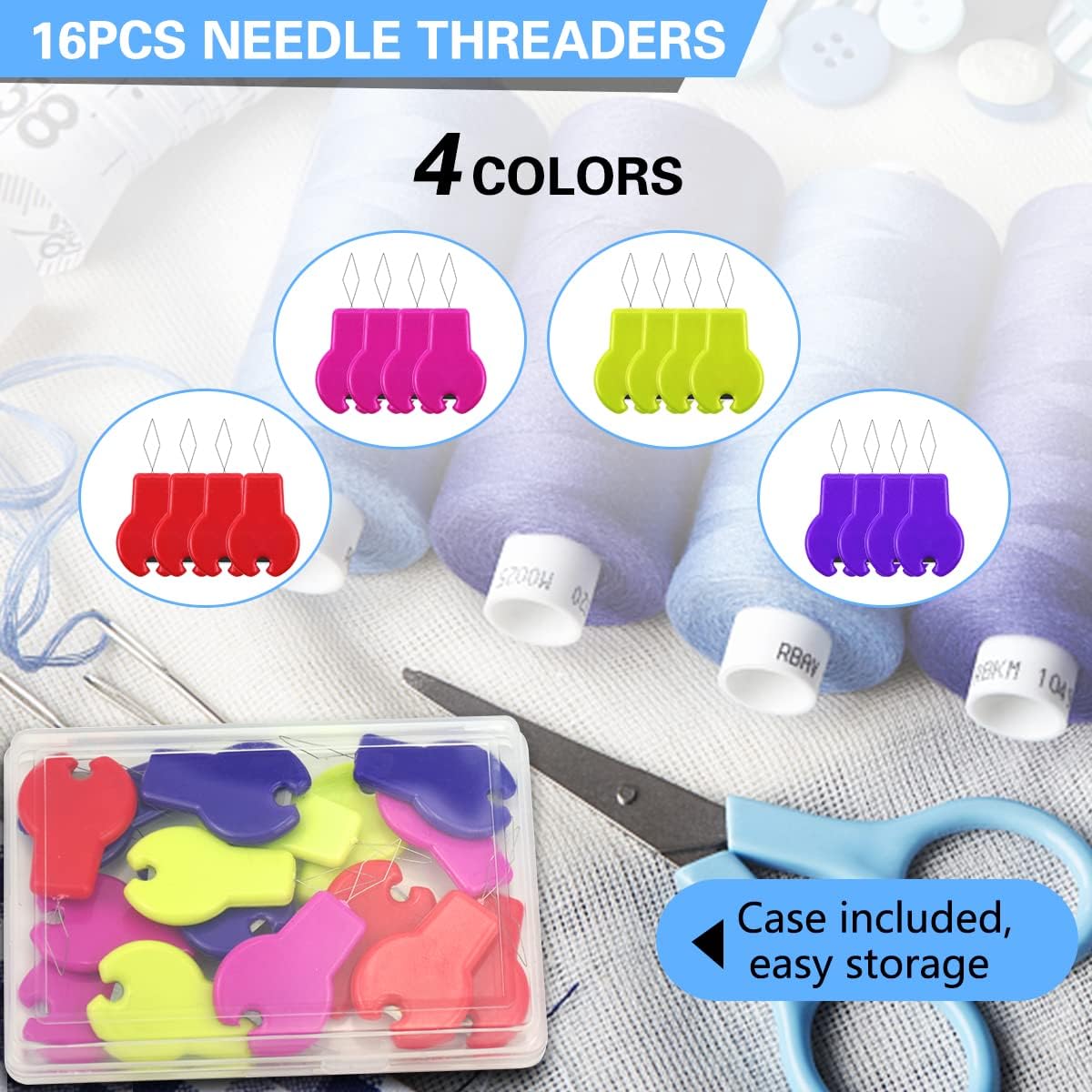 Lechchy 16 Pcs Sewing Machine Needle Threaders for Embroidery Floss, Cut-Off Thread Function, Gourd Shaped Simple Threader Tool for Hand Sewing, Sewing Crafting, with Clear Storage Box, 4 Colors
