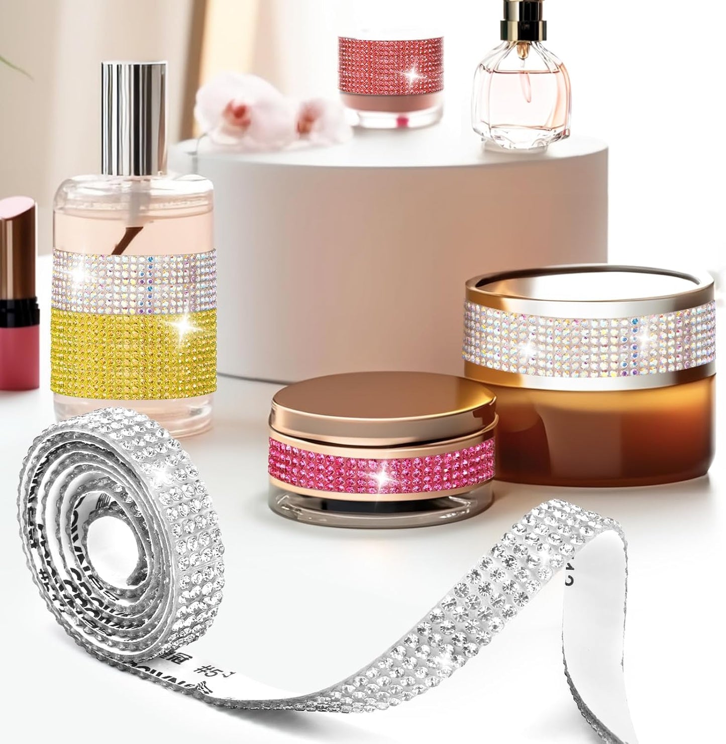 Rhinestone Ribbon Self Adhesive Crystal Rhinestones, 9-Rolls Bedazzling Strips, 9-Yard Rhinestone Strips for DIY Craft, Rhinestones Tape Self Adhesive