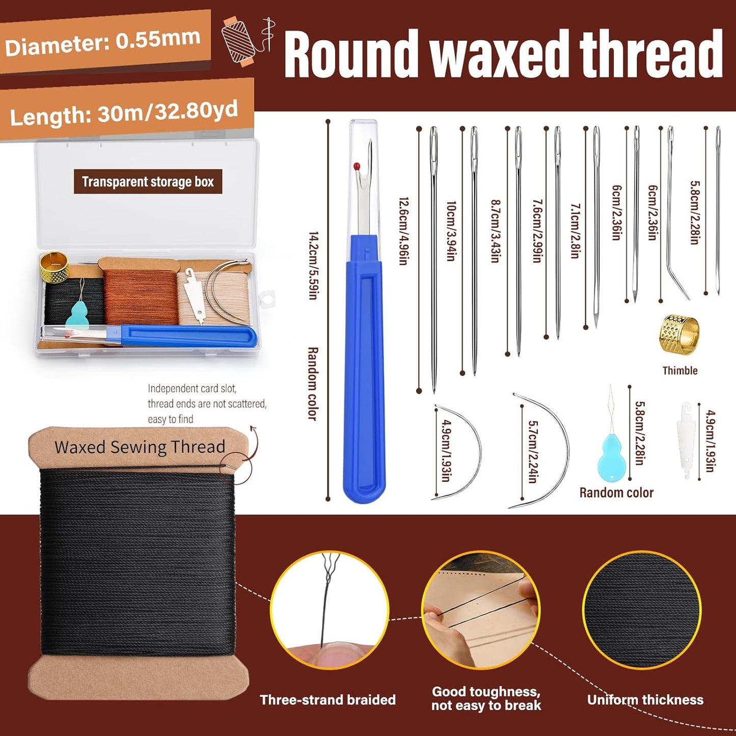 KAQRHFT Upholstery Repair Kit and Upholstery Needle, 0.55mm 98 Yard Waxed Thread with 8 Pcs Heavy Duty Leather Needles for Hand Stitching, Canvas & Quilting - Round Waxed Cord- Black/Brown/Beige