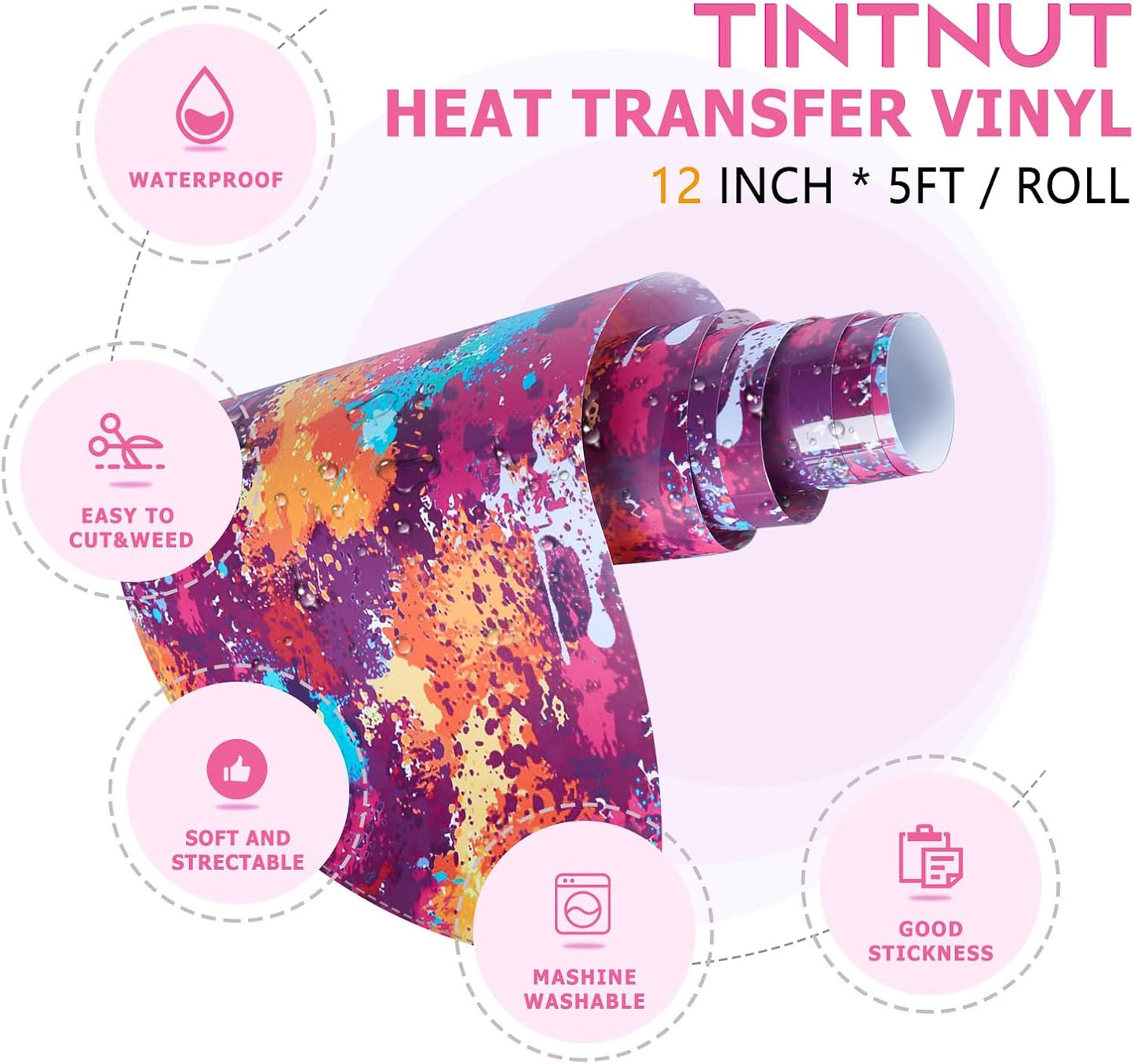 Tintnut Splash Heat Transfer Vinyl Roll - 12 Inch x 5ft Dark Red Watercolor Ink Patterned HTV Splatter Iron On Vinyl DIY T-Shirts Hats Clothes Canvas Bags