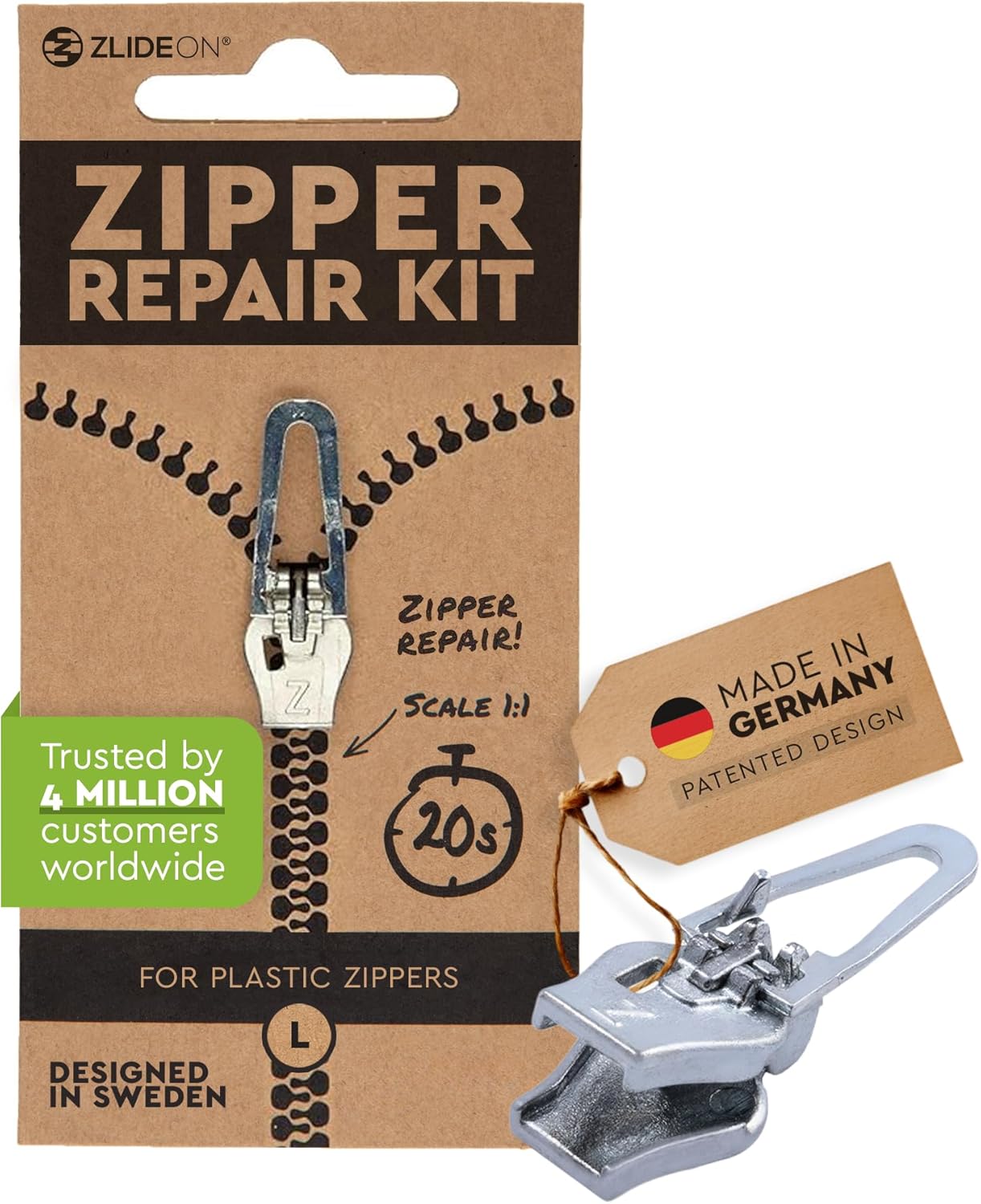 ZlideOn Zipper Pull Replacement - Silver, Normal (L) - Instant Zipper Replacement Slider for Plastic Zippers