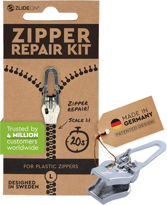 ZlideOn Zipper Pull Replacement - Silver, Normal (L) - Instant Zipper Replacement Slider for Plastic Zippers