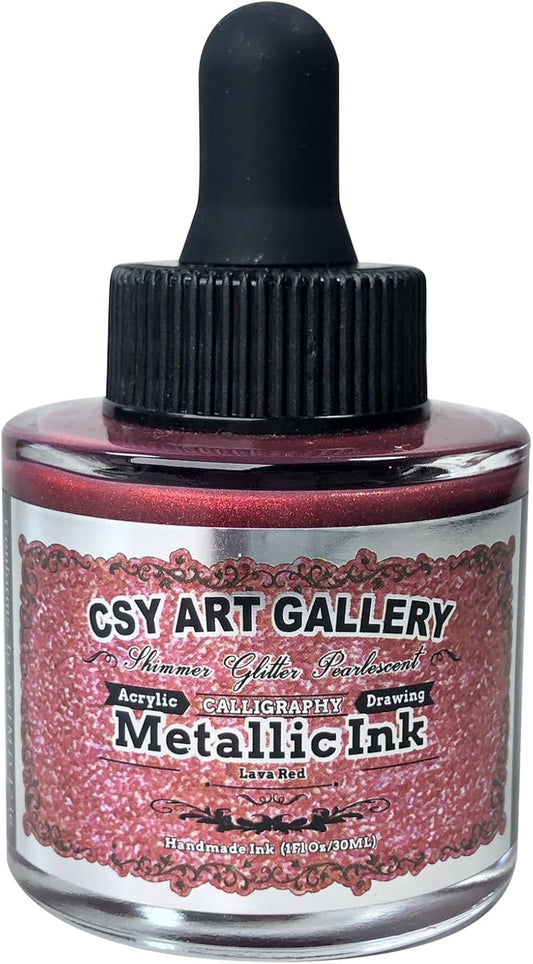 CSY Art Gallery Shimmy Red Acrylic Ink-Craft Paint -Liquid Gold Leaf Paints -Calligraphy Inks Art Handcrafts 30ml/1 Fast Drying Acrylic Metallic Finish (Lava Red)