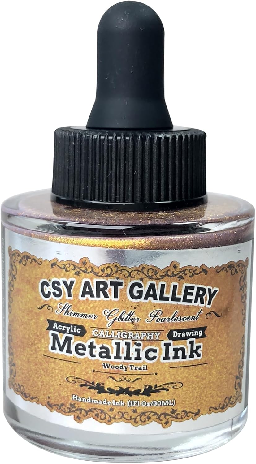CSY Art GalleryMetallic Acrylic Paint Inks -Gold Calligraphy Ink -Golden Iridescent Pigment for Painting,Drawing,Sketch,Resin,Wood,Ceramic (Woody Trail)