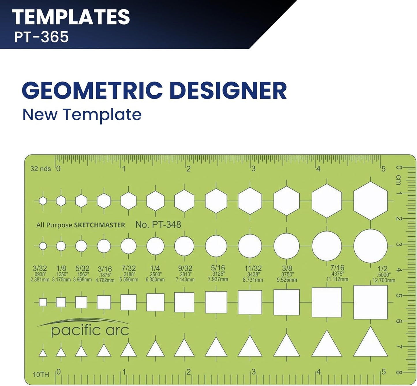 Pacific Arc - Template: Geometric Designer - Stencils for Drafting and Circle Drawing - Professional or School Work. - 4.875" x 8"