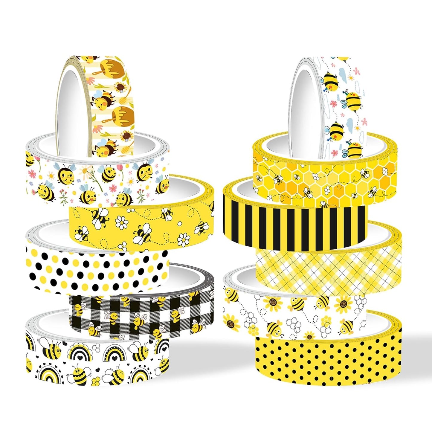 12 Rolls Bee Washi Tape Set, Bumblebee Daisy Masking Tapes, Yellow Black Plaid Polka Dot Decorative Washi Tape for Spring Summer Scrapbook Journal DIY Art Craft Gift Wrapping, 16.4FT