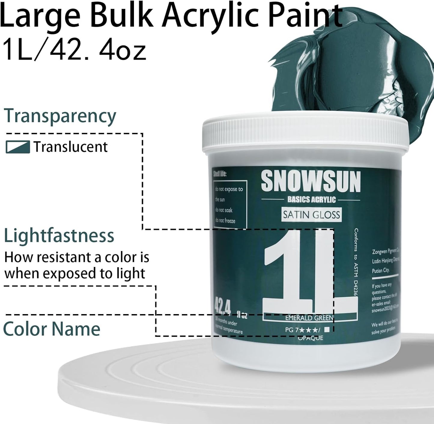 SNOWSUN Emerald Green Acrylic Paints, Large Bulk Heavy Body Acrylic Paint (42.4 oz, 1L) - Non Toxic Gloss Thick Art Paint for Multi-Surface, Ideal for Canvas Wood Ceramic Fabric and Leather, Stone Craft, for Artists & Beginners