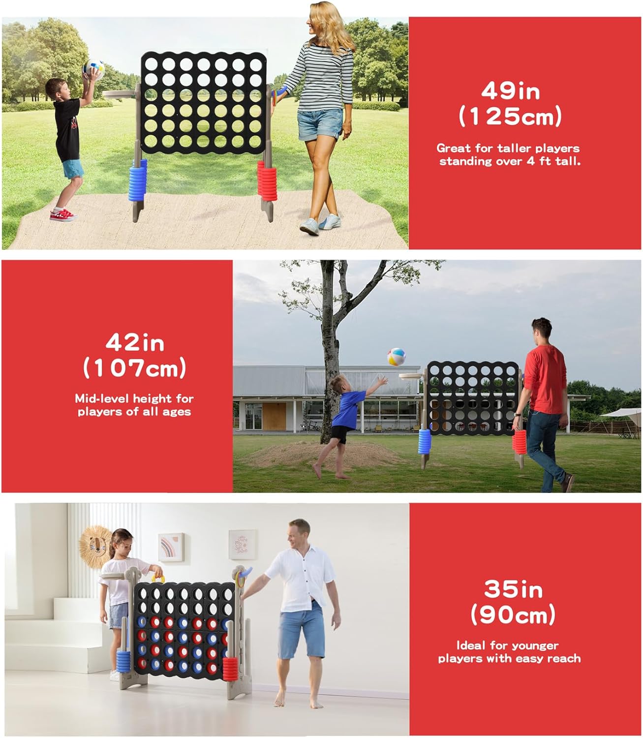 UNICOO® Height Adjustable Jumbo 4-to-Score Game, 4 in A Row Game with Basketball Hoop, Ring Toss, Carrying Bag, Indoor Outdoor Yard Game, Parties & Family Gatherings