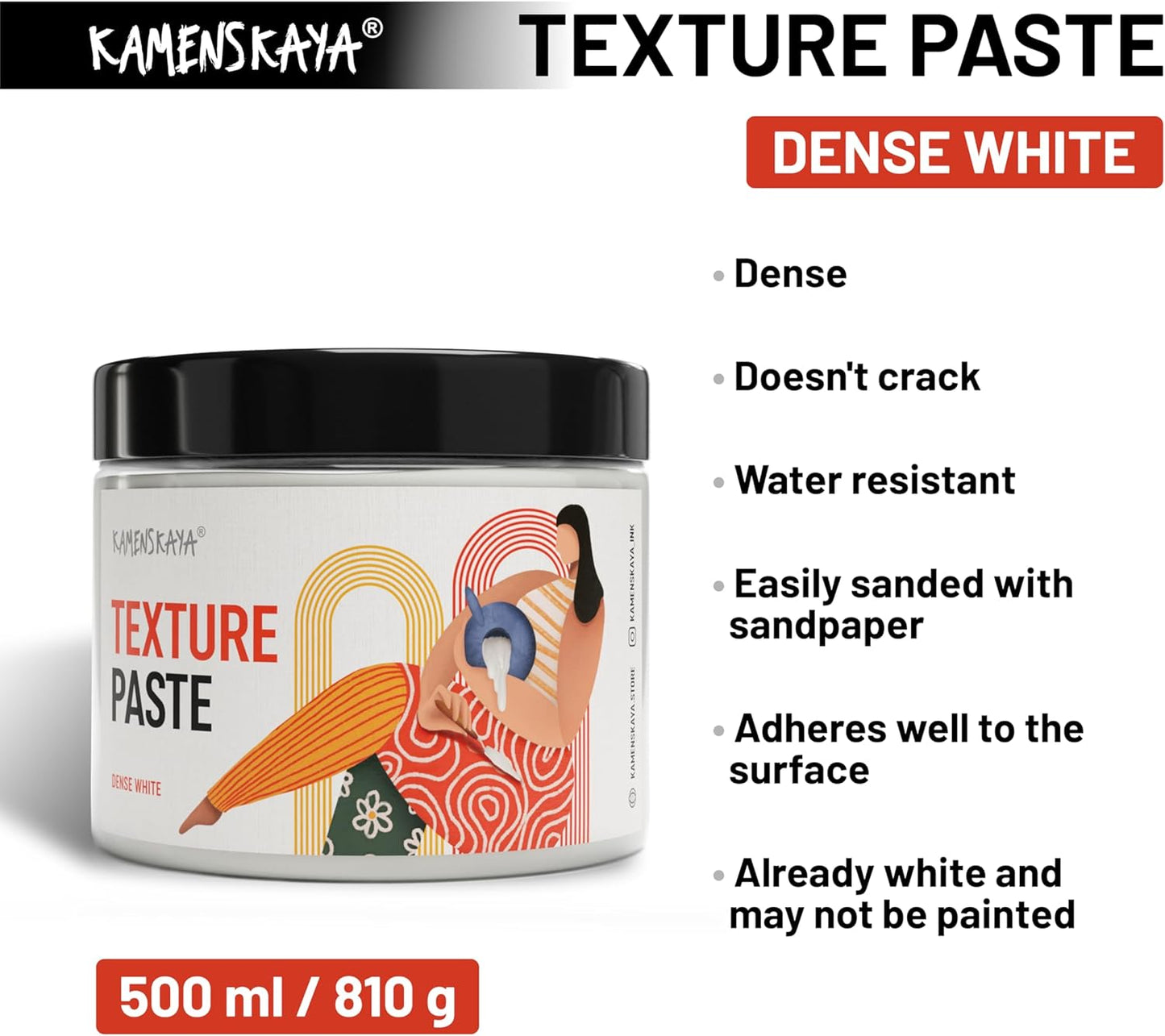 KAMENSKAYA Texture Paste - Modeling Paste Acrylic Medium - Dense White, 16.9 fl oz (500 ml)