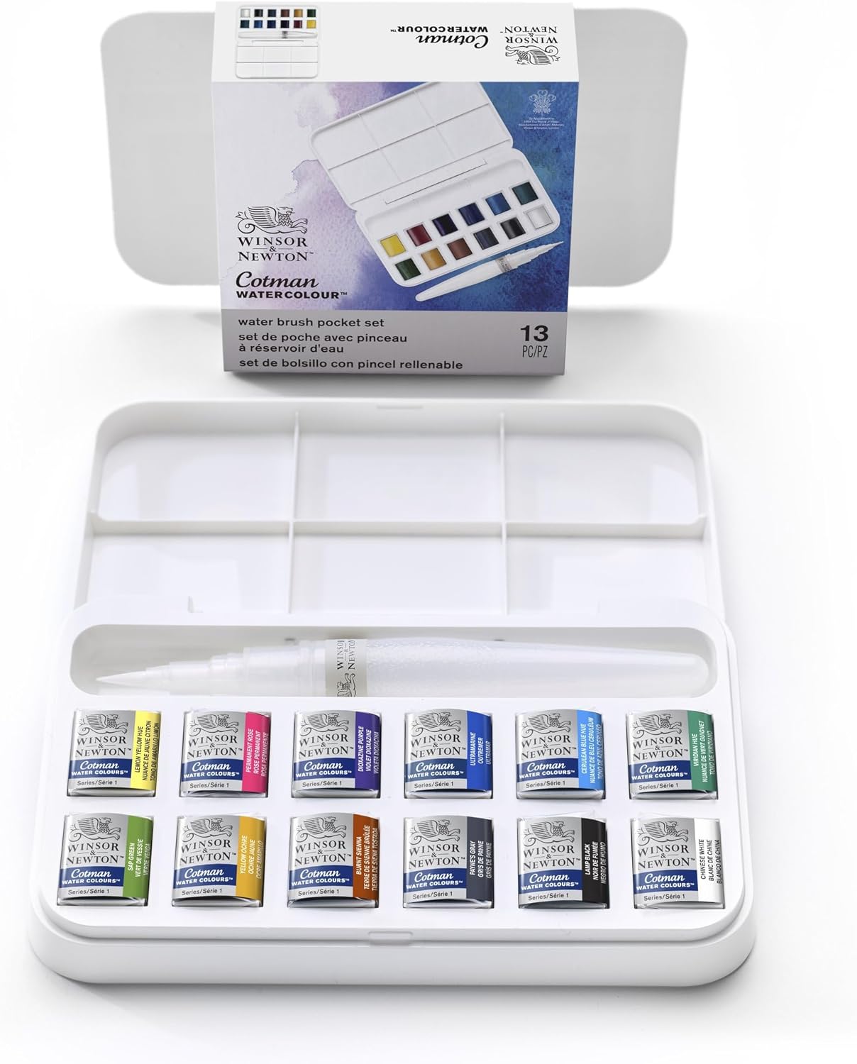 Winsor & Newton Cotman Watercolor Paint Set, 12 Half Pan w/ Water Brush Pen and Mixing Palette