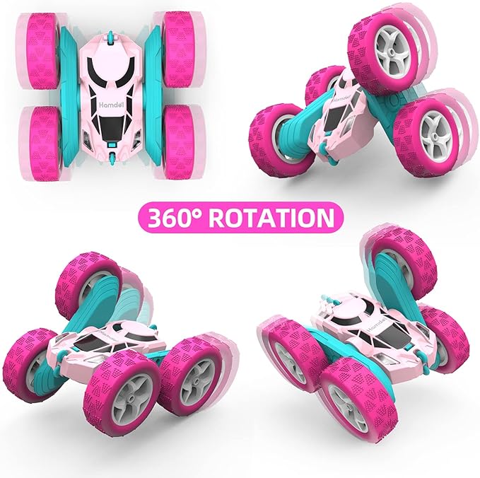 Pink Remote Control Car for Girls, 360° Flipping Stunt Car with LED Headlights, Rechargeable 4WD Electric Toy Vehicle, Princess Gift for 6 7 8 9 10 11 Year Old Girls, Birthday & Christmas Toy