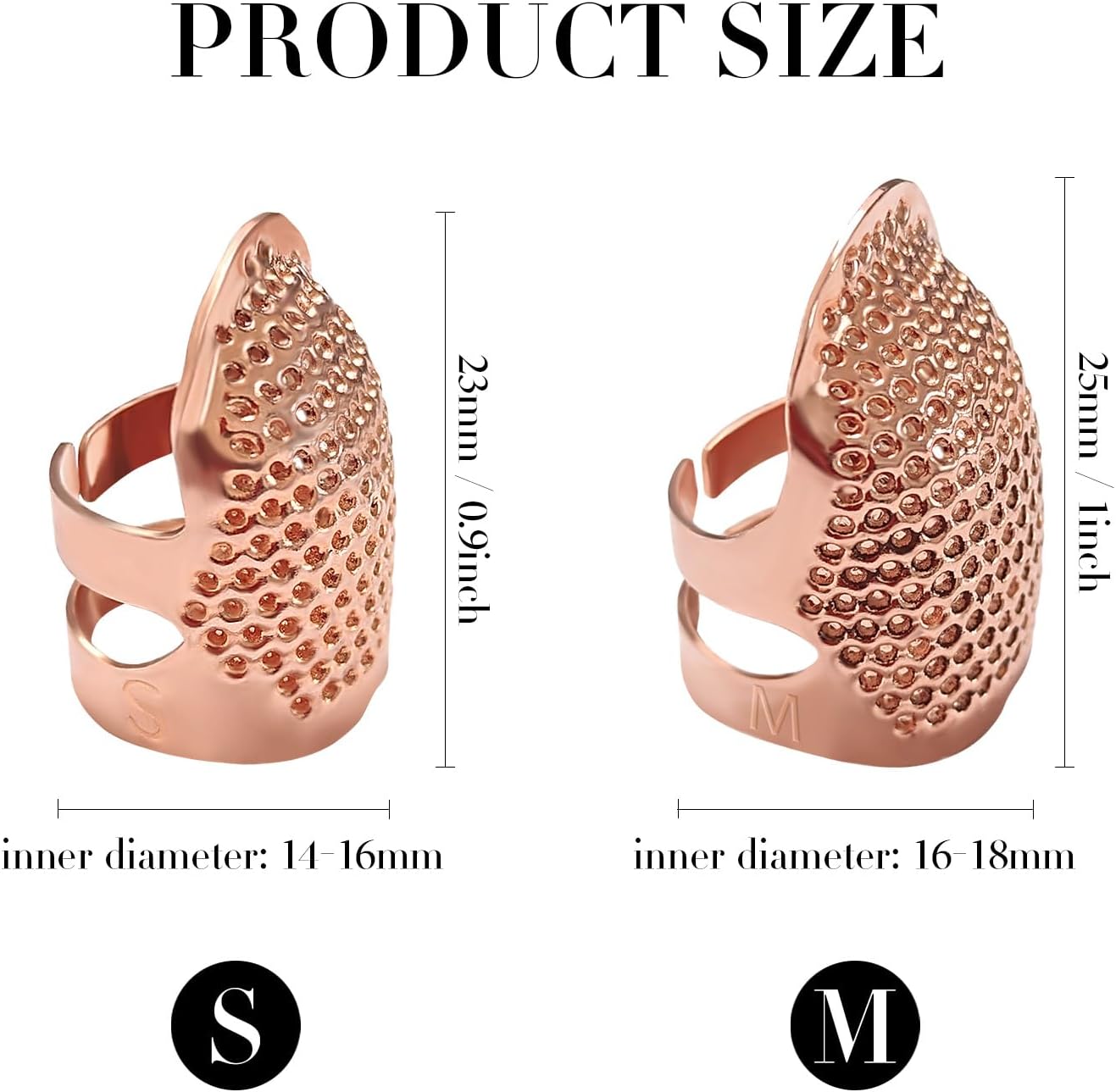 FR 4 Pack (2 Sizes, S/M) Sewing Thimble Finger Protector, Adjustable Finger Metal Shield Protector Pin Needles Sewing Quilting Craft Accessories DIY Sewing Tools Needlework Rose Gold