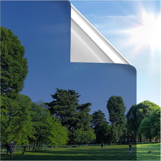 rabbitgoo Window Privacy Film One Way Window Tint for Home, Removable Reflective Heat Sun Blocking Anti UV Glass Door Covering, Mirror Tinting Film House Office, 17.5 in X 6.5 Feet, Blue Silver