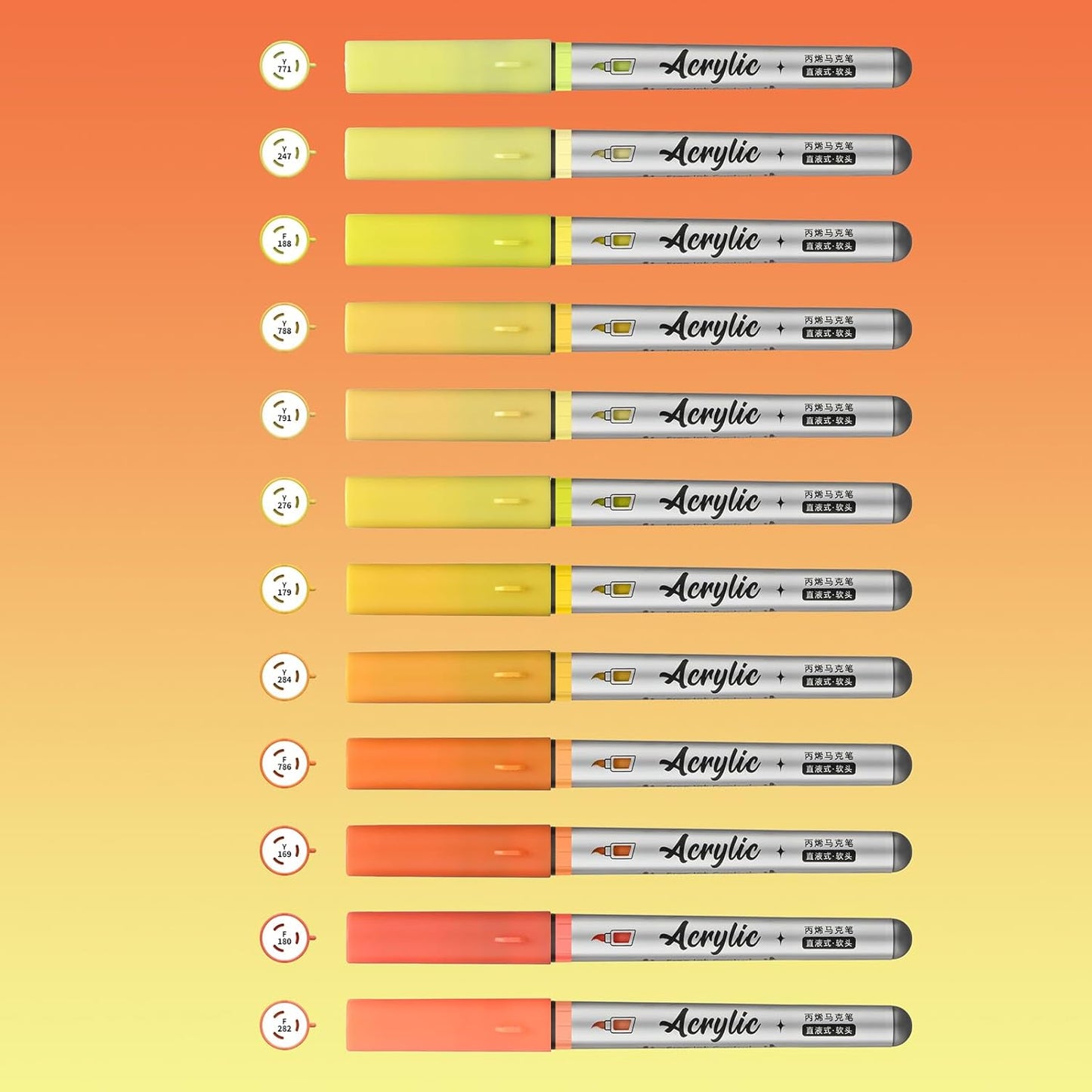Yellow Orange Acrylic Paint Pens,12 Color Paint Pens Markers,Brush Tip Paint Pens for Rock Painting Wood Glass Ceramic Canvas Stone DIY Crafts Making Art Supplies
