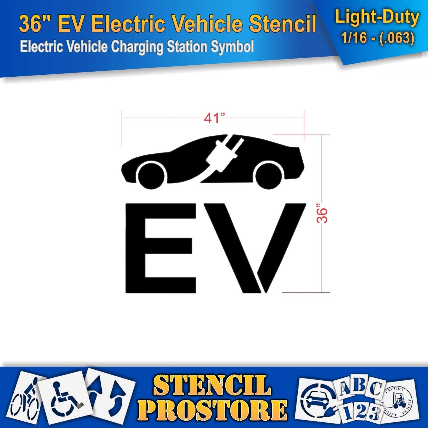 Pavement Stencils - 36 in - Electric Vehicle Silhouette with Plug and EV Letters - 35'' x 41'' x 1/16" (63 mil) - Light-Duty