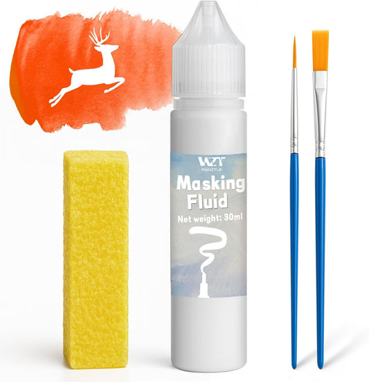 Masking Fluid for Watercolor Painting, 30ml Watercolor Masking Fluid with 2 Brushes & Eraser, Fine Arts & Crafts Supplies for Ink, Watercolor, Gouache Painting