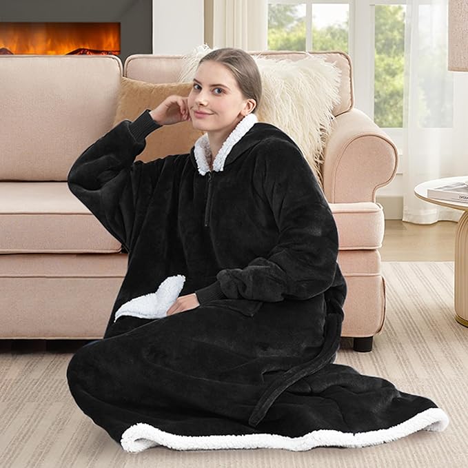 Wearable Blanket Hoodie as Gifts for Women, Long Sherpa Fleece Hooded Blankets with Oversize Hood and Pocket, Warm and Cozy Sweatshirt with Belt, Winter Gift
