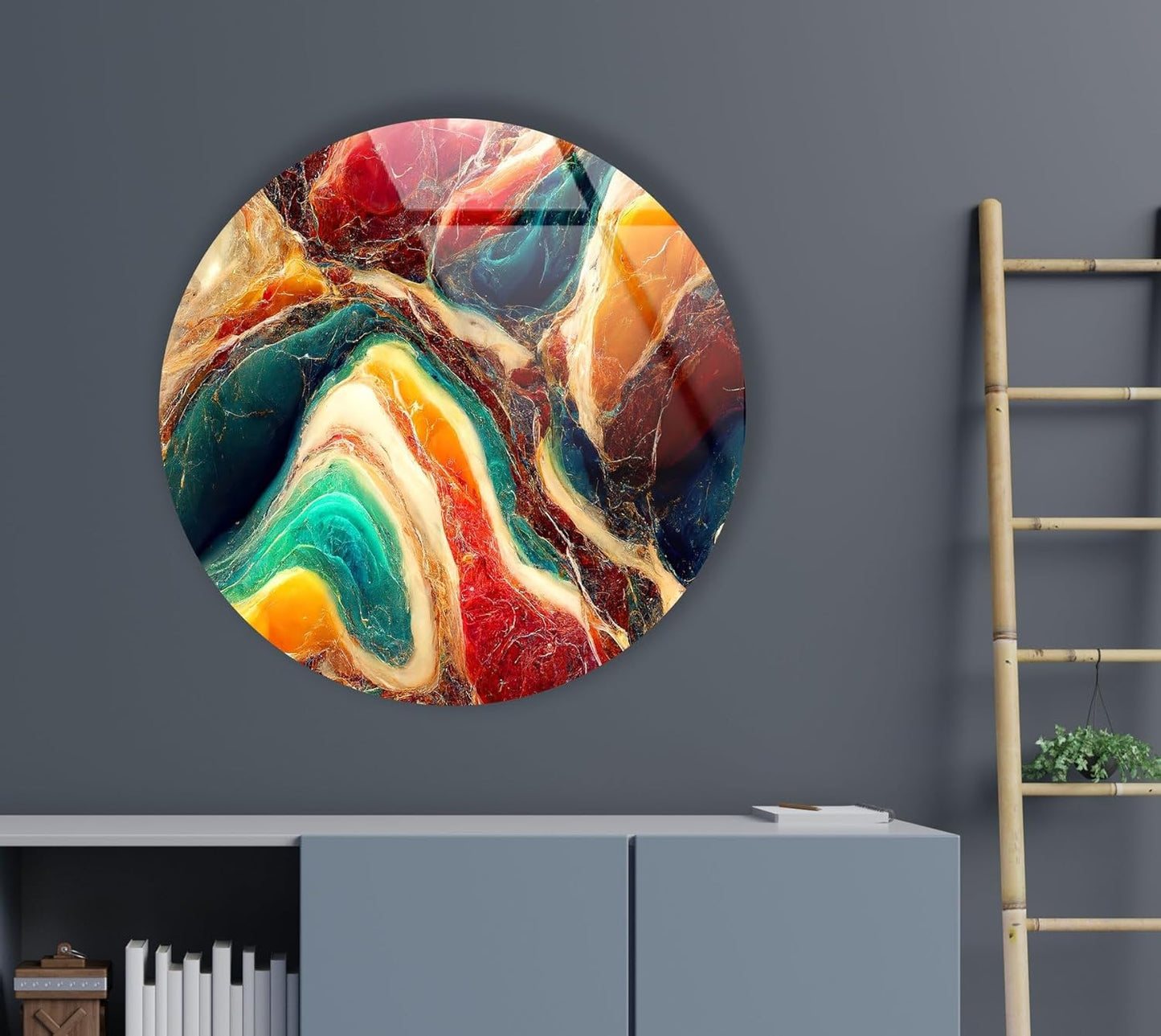 My Photostation.com 27.5''(70cm) Diameter Colorful Marble Swirl Round Wall Art Abstract Glass Decor with Earthy Tones & Gemstone Texture