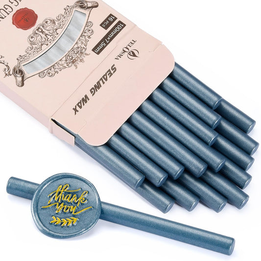 16 PCS Hot Glue Wax Sticks in Steel Blue Color for Mini Glue Gun, Make Wax Seals for Wedding Invitations Thanks Card Envelopes Gift Wrapping