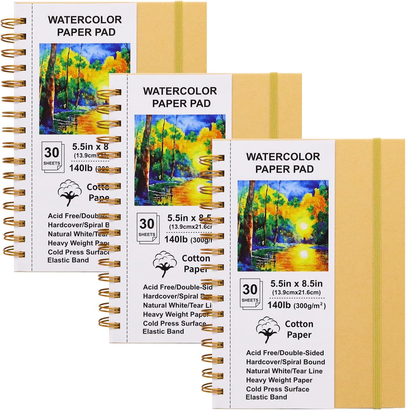 Watercolor Paper Pads, 5.5x8.5, 3Pack, Kraft Hardcover Sketch Books, 140lb/300gsm Heavyweight Cotton Paper, Spiral Bound, Cold Pressed, Dual-Sided(Smooth&Texture), Painting Paper for Artists Students