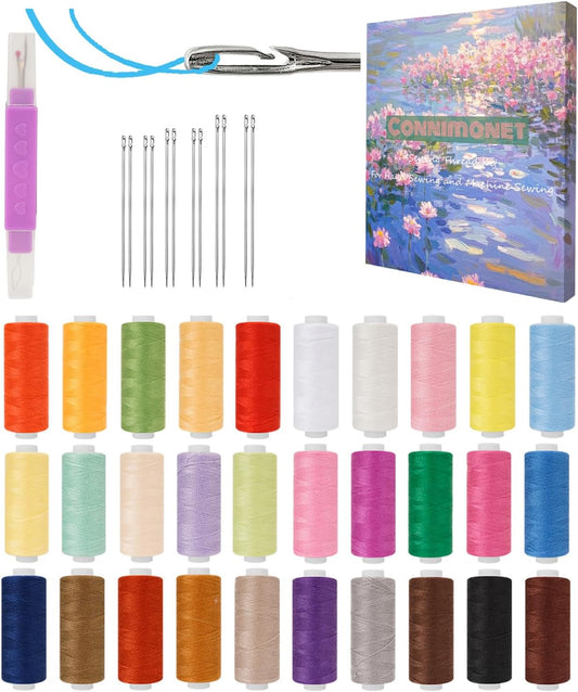 Connimonet Hand Quilting Thread,Needle and Thread Kit for Sewing,30 Colors,250 Yards Each,with Self Threading Sewing Needles and 2in1 Tool for Needle Threader and Seam Ripper