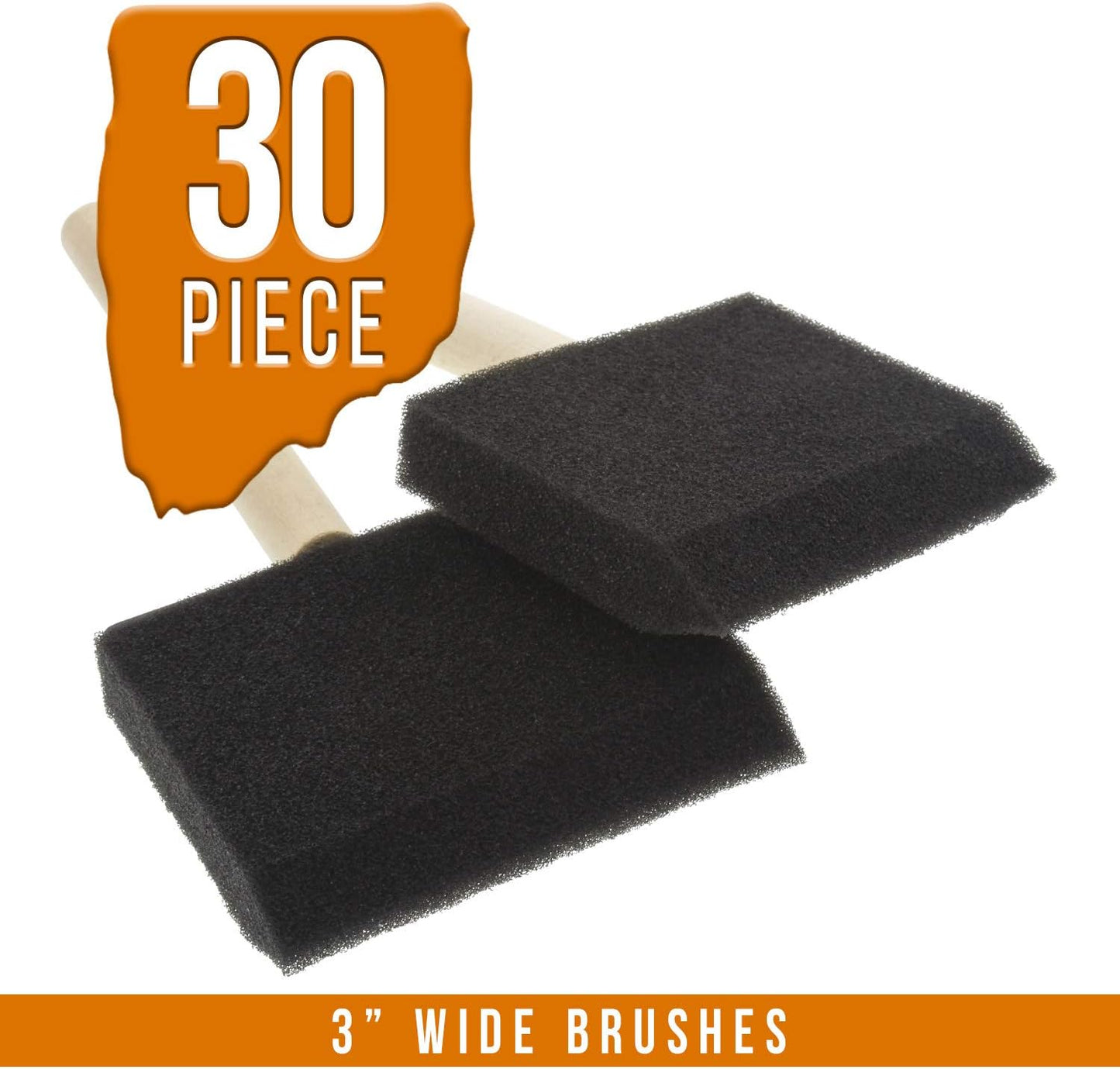 US Art Supply 3 inch Foam Sponge Wood Handle Paint Brush Set (Super Value Pack of 30 Brushes) - Lightweight, Durable and Great for Acrylics, Stains, Varnishes, Crafts, Art