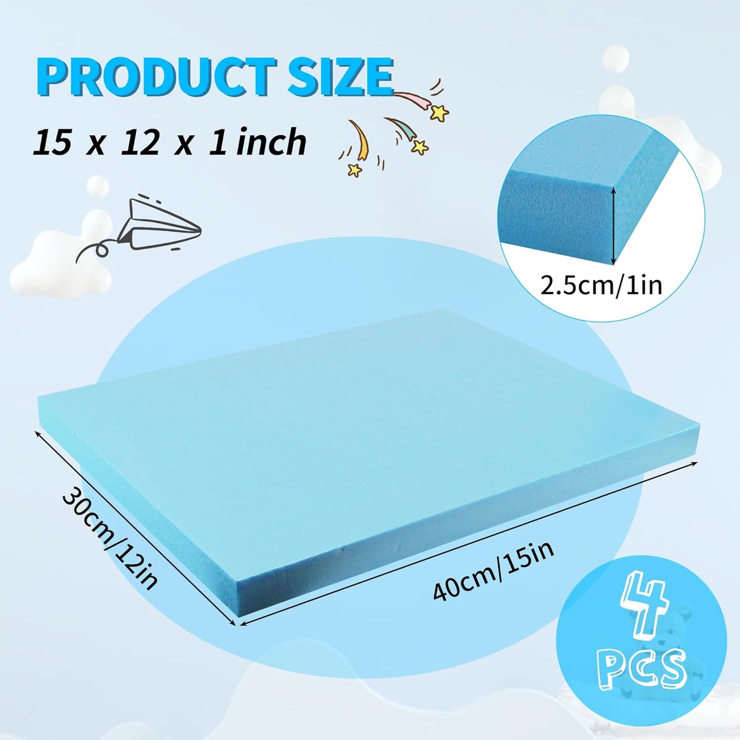 LuckyFoam Blue 4 Pack 15x12x1 inch Foam Sheets 1 Inch Thick Polystyrene Rectangles XPS Foam Board Craft for Insulating DIY Modeling Art Supplies