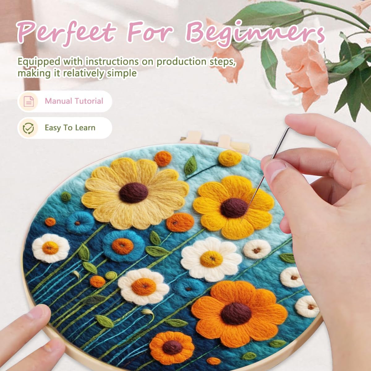 yesJRL Needle Felting Kits Beginners, Natural Landscape DIY Wool Needle Felting Starter Kit, Floral Needle Felt Set with Foam Pad, Felt Cloth and Instructions, Used for Home Decoration (Multicolor)