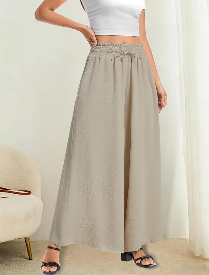 Women’s Wide Leg Pants Drawstring Elastic Waist Casual Trousers Lightweight Loose Lounge Pants with Pockets