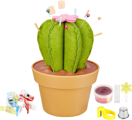 Cactus-Shaped Pin Cushion in a Pot with Included Sewing Notions | Magnetic Pin Holder | Cute Décor for Sewing Desks | Perfect Gift for Quilters, Sewers, Applique & Patchwork Crafters