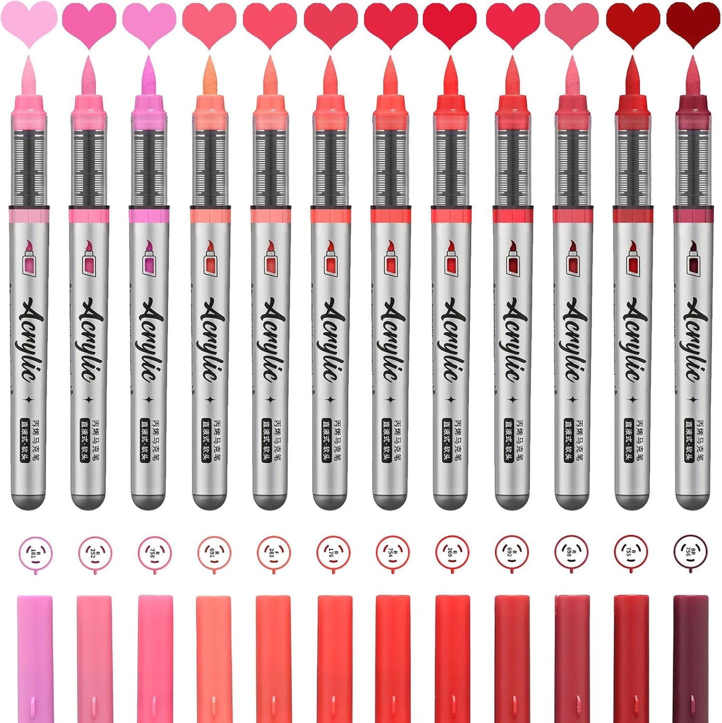 Red Acrylic Paint Pens,12 Color Paint Pens Markers,Brush Tip Paint Pens for Rock Painting Wood Glass Ceramic Canvas Stone DIY Crafts Making Art Supplies