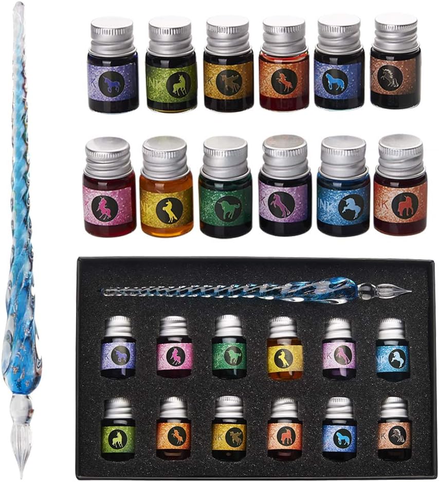 mancola Glass Dipped Pen Ink Set Handmade Crystal Calligraphy Pen with 12 Colorful india ink for Art, Signatures, Drawing, Decoration, Calligraphy Kits for Beginners Ma-13