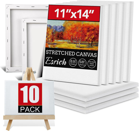ESRICH Stretched Canvas for Painting 11x14 Inch, 10 Pack Blank Canvas -5/8 in Profile Primed Cotton White Canvases for Painting for Oil & Acrylic Paint