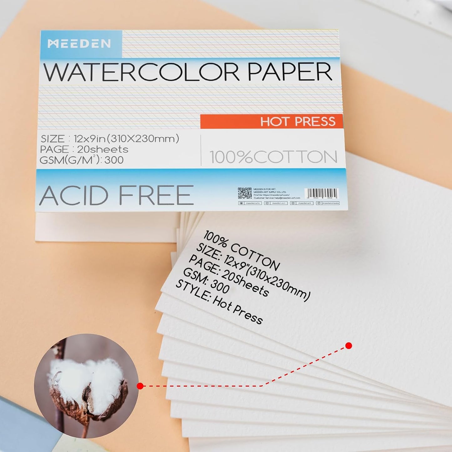 MEEDEN Watercolor Paper Block, 100% Cotton Watercolor Paper Pad of 20 Sheets, 140lb/300gsm, Acid-Free Art Paper for Watercolor, Gouache, Ink and More, 9" x 12" Hot Press