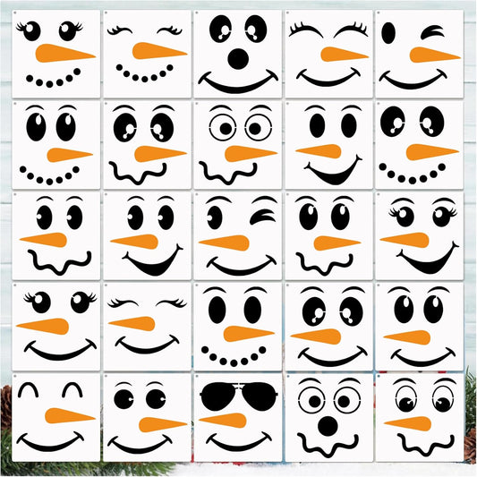 ﻿25pcs Christmas Snow Man Face Stencils for Crafts Reusable Drawing Stencil Small Ornament Stencils for Painting on Wood Christmas Balls Wall Home Decorations(25 Snowface 3in)