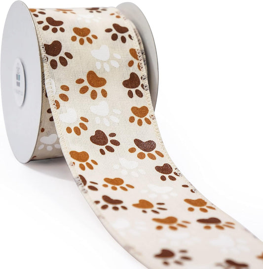 CT CRAFT LLC Ivory Canvas Dog Paw Wired Ribbon 2.5 Inch x 10 Yards for Christmas Home Decor Tree Topper Bow Gift Wrapping DIY Crafts Wreath Garland