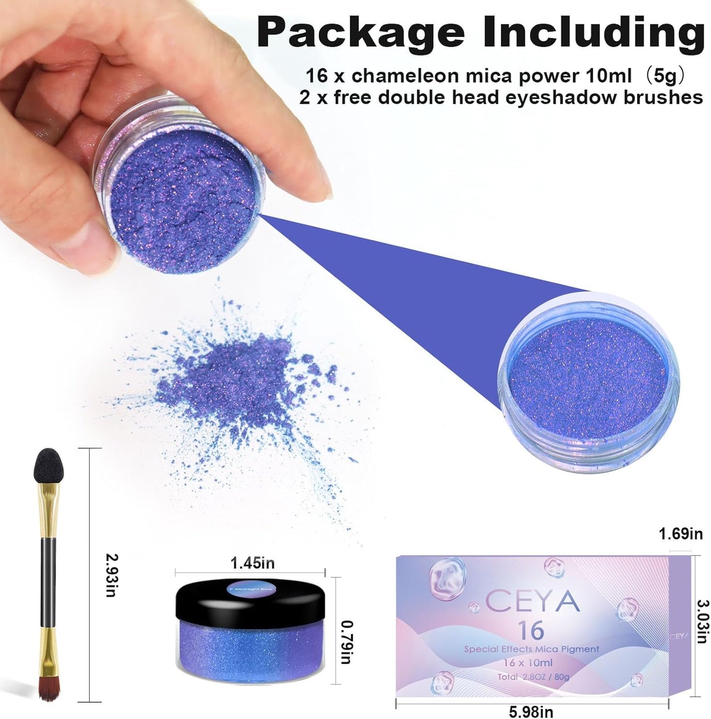 Ceya Chameleon Mica Powder Set 16 Colors, 2.8oz/ 80g Chrome Powder, Cosmetic Grade Pearlescent Effect Color Shift Pigment for Epoxy Resin, Soap Dye, Candle Making, Nail Art, Makeup, Slime, Paint